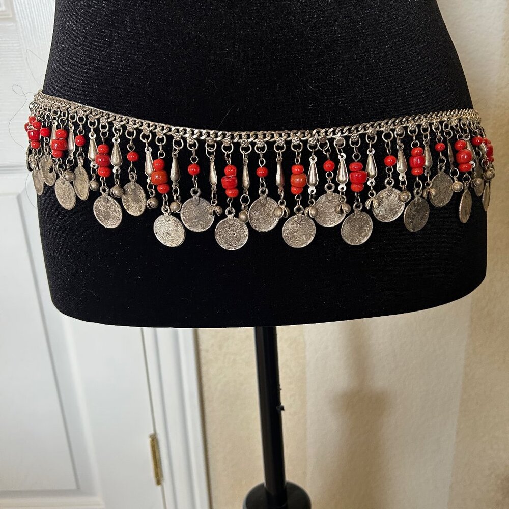 Vintage Style Coin Belt -Heavy Silver Tone-Glass Red Beads- BOHO Tribal Boutique